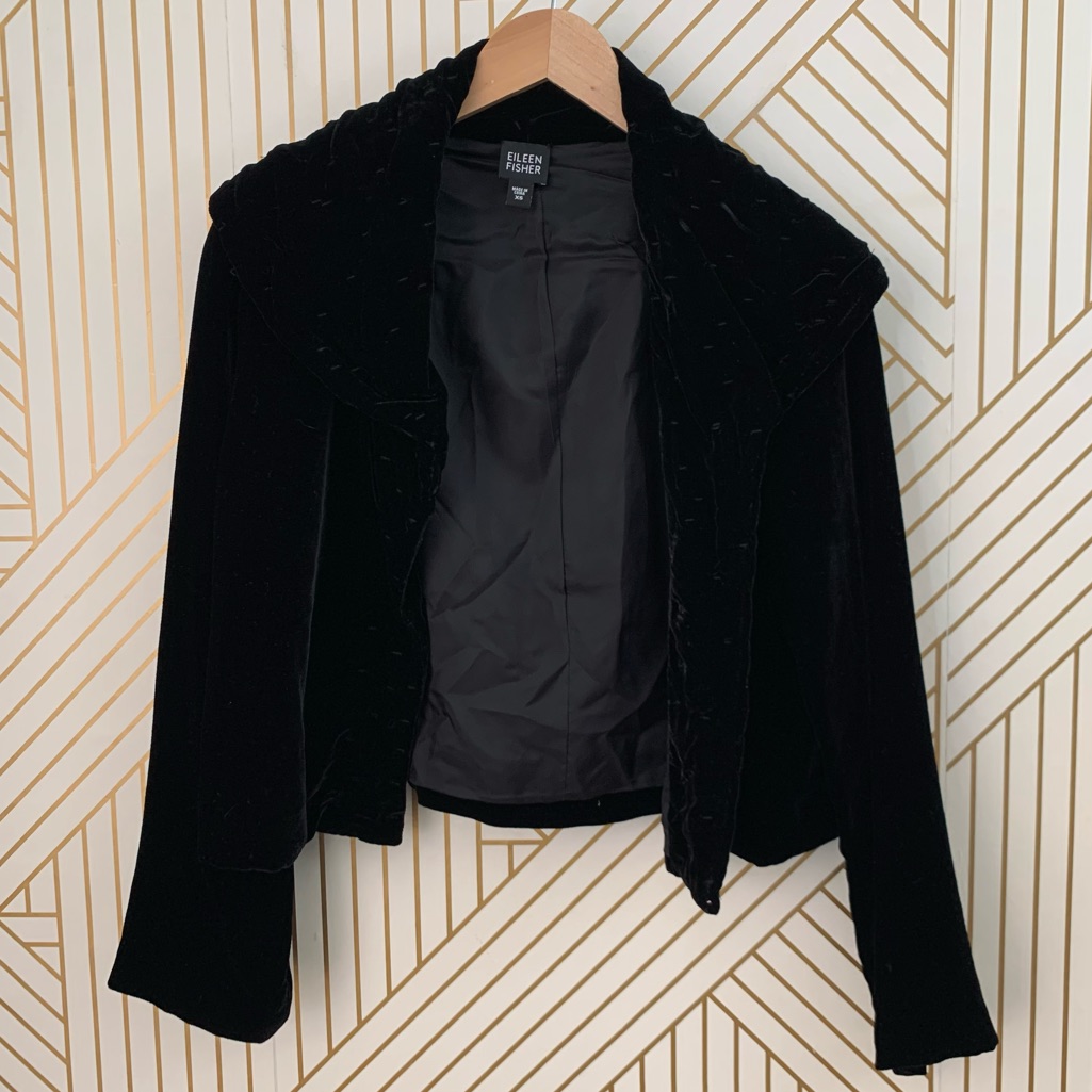 Eileen Fisher Black Silk Velvet Bartack Jacket Cowl Neck Collar Cardigan Xs